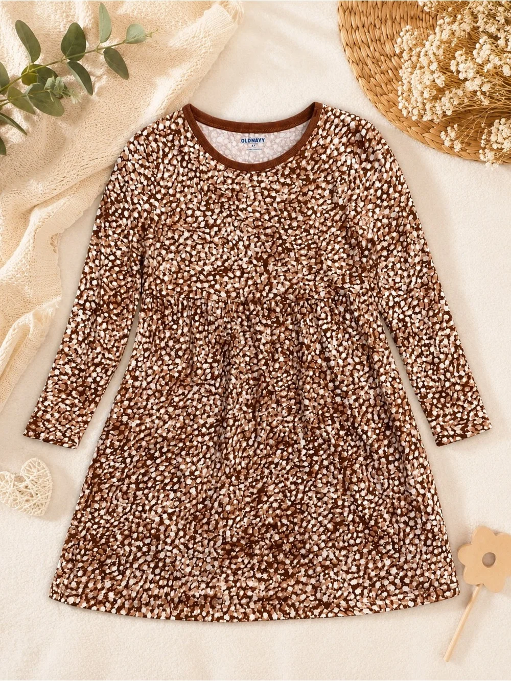 Old Navy Brown & Cream Speckled Long Sleeve Dress